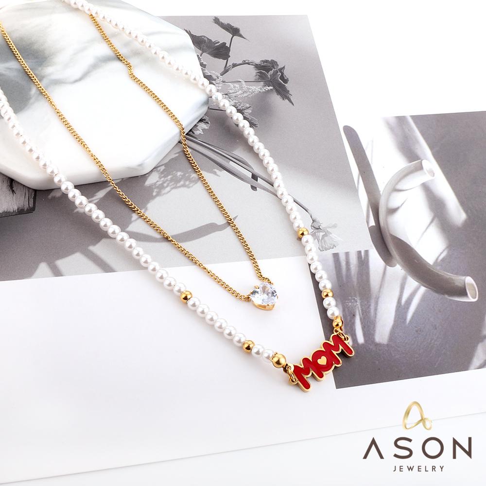 ASON White Pearl Letter Mom Heart Shape Cubic Zirconia Multi-layer Chains Necklace Gold Color Stainless Steel For Women asonjewelry